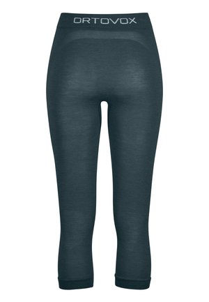 Dark grey, knee-length leggings made of soft material. Features a wide waistband with "ORTOVOX" branding and textured patterns on the legs.