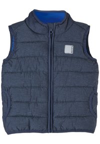 Marinblå uppblåsbart väst med strukturerad yta, lätt vaddering, hög krage och dragkedja fram. Försedd med sidofickor och en logotyp-patch.