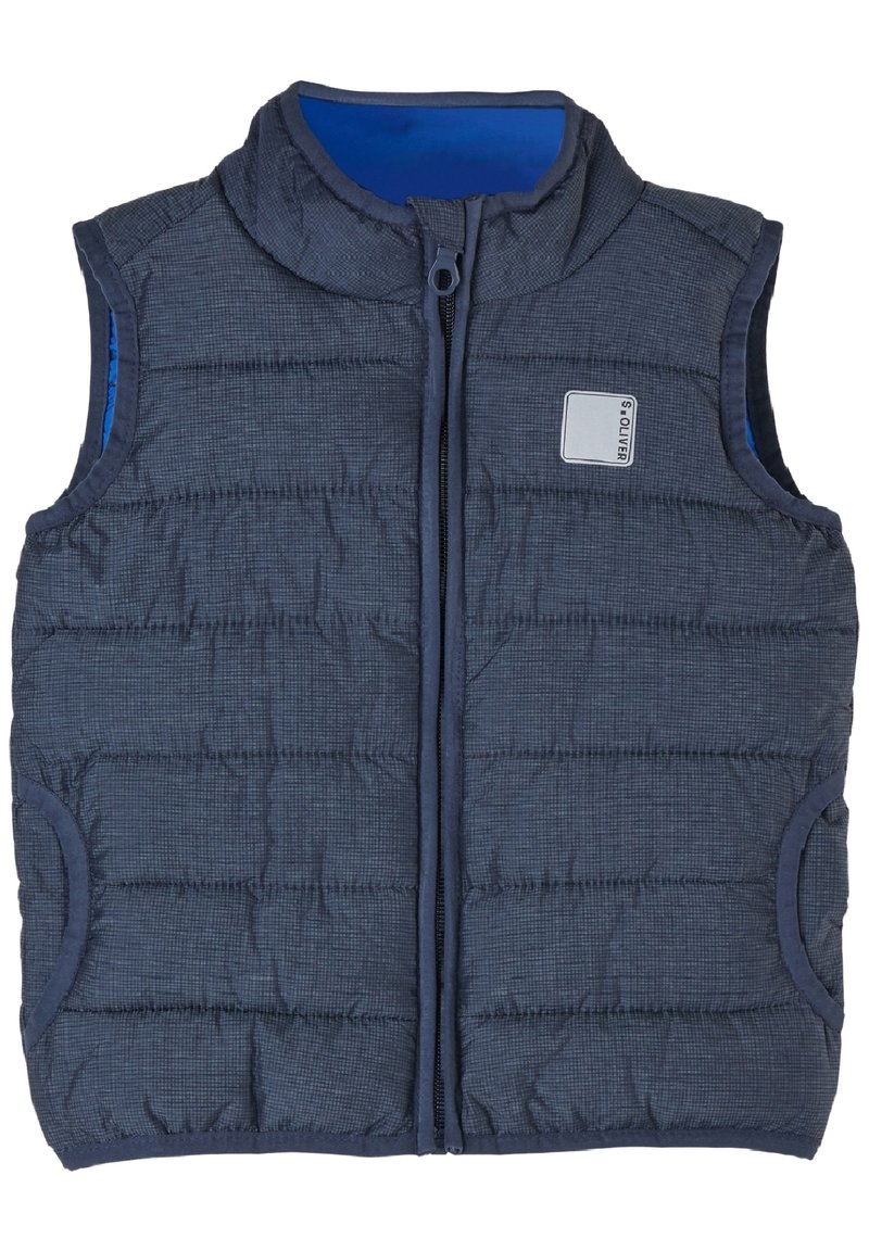 Marinblå uppblåsbart väst med strukturerad yta, lätt vaddering, hög krage och dragkedja fram. Försedd med sidofickor och en logotyp-patch.