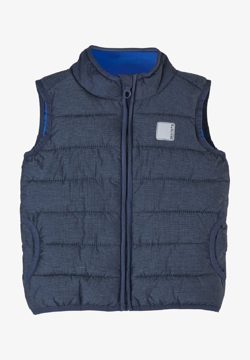 Marinblå uppblåsbart väst med strukturerad yta, lätt vaddering, hög krage och dragkedja fram. Försedd med sidofickor och en logotyp-patch.