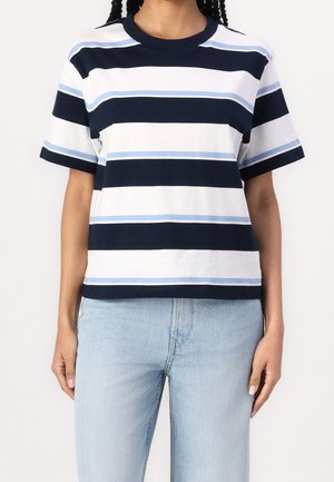 Personne portant un t-shirt à manches courtes rayé horizontalement en bleu marine, blanc et bleu clair, avec un jean bleu clair.