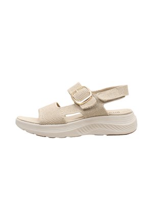 Sandalia beige de punta abierta con correa ajustable con hebilla, empeine de punto, suela acolchada y suela exterior texturizada para comodidad y soporte casual.