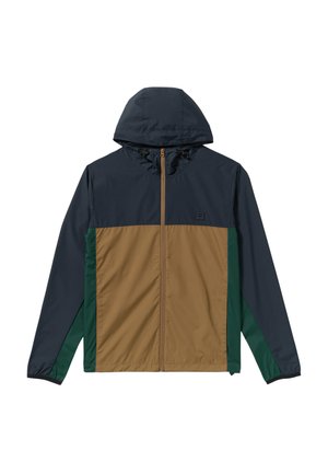 Kurtka wiatrówka z granatową górą, brązowym korpusem i zielonymi panelami bocznymi. Posiada kaptur, zamek błyskawiczny oraz gładką fakturę.