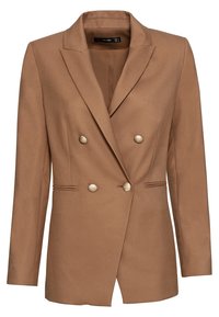 Brun dubbelknäppt kavaj med slag som har snitt, guldfärgade knappar och sidfickor. Tillverkad av texturerad tyg med en skräddarsydd passform.