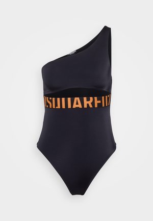 Black one-shoulder swimsuit with cutout below bust and orange branded elastic band around midsection.