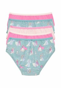 Tre paia di mutandine per ragazze con tessuto azzurro chiaro decorato con personaggi dei cartoni animati, dettagli rosa e pizzo in vita.