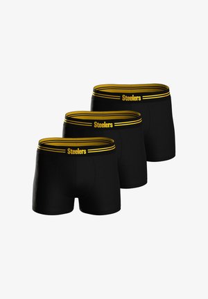 Schwarze Boxershorts mit gelbem elastischem Bund, versehen mit dem Schriftzug "Steelers" und Streifen. Drei Paare in einer Reihe dargestellt. Weiche Stoffstruktur.