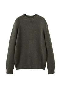 Pull en laine vert avec un col rond, des épaules tombantes et des poignets et un ourlet côtelés. Texture douce et coupe décontractée.