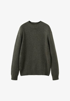 Pulover verde din lână cu decolteu rotund, umeri căzuți, și manșete și tiv cu striații. Textură moale și croială lejeră.