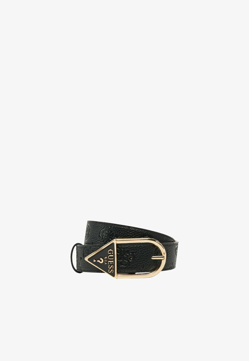 Ceinture en cuir noir avec un motif embossé, une boucle triangulaire en ton or avec un logo gravé, et une texture lisse.