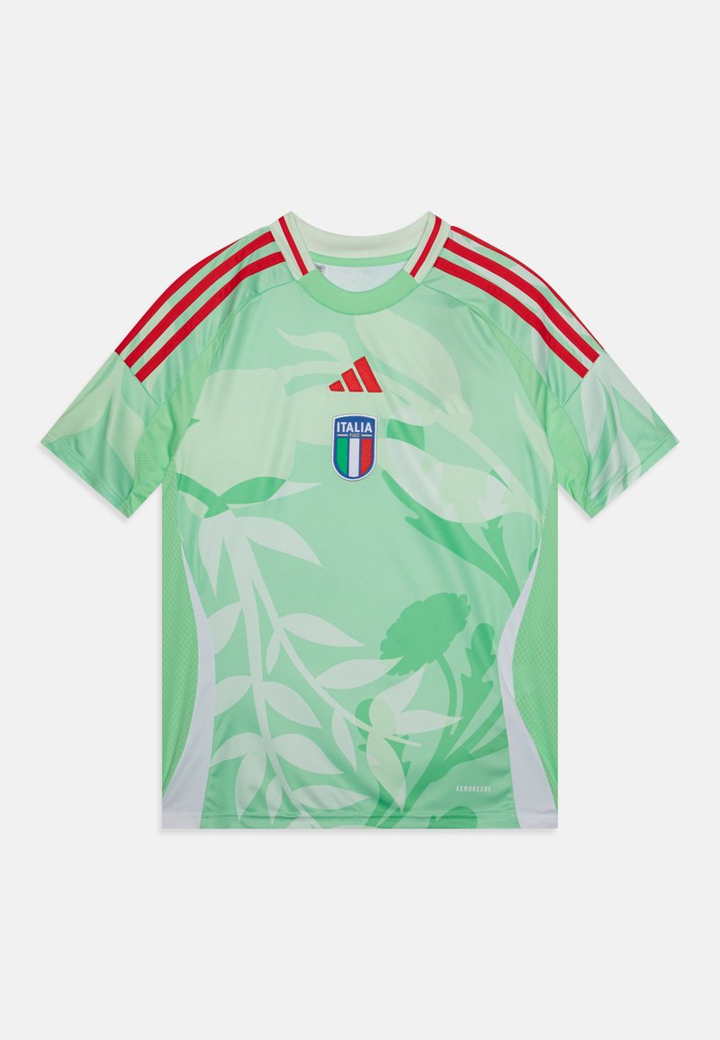 Maillot de sport vert clair en tissu respirant avec un motif floral, des rayures rouges sur les épaules et un blason brodé d'Italia.