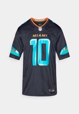 Maglia NFL dei Miami Dolphins nera con accenti turchesi. Presenta una scollatura a V, maniche corte, il numero del giocatore "10" e la scritta "GO FINS!" sul colletto.