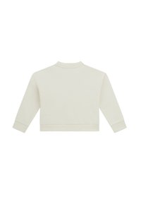 Felpa bianca a maniche lunghe, corta, con polsini, scollatura e orlo a costine, esposta piatta dal retro su uno sfondo bianco.