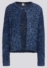 Marineblauer Strickpullover mit einer strukturierten, fusseligen Oberfläche. Mit langen Ärmeln, rundem Halsausschnitt und lockerer Passform.