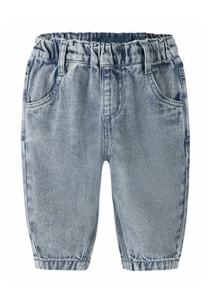 Hellblaue Denim-Hose für Kleinkinder mit elastischem Bund, Vordertaschen und locker zulaufenden Beinen.