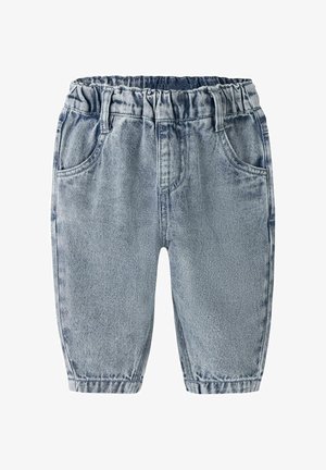 Hele sinised teksapüksid väikelastele, elastse vöökohaga, eest taskutega ja lõdva kitseneva säärega.