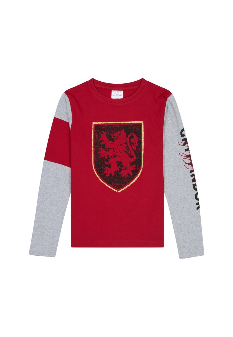 Koszula z długim rękawem o czerwonym korpusie, szarych rękawach, z grafiką lwa w ozdobnej złotej tarczy na środku oraz napisem "Gryffindor" na lewym rękawie.