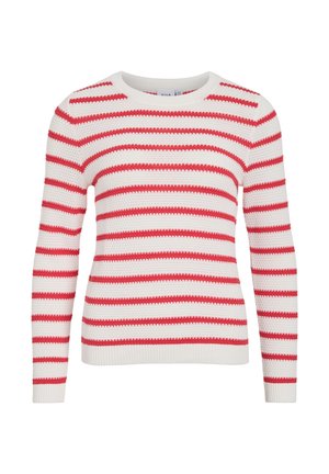Balts džemperis ar sarkanām horizontālām svītrām, apaļu kakla izgriezumu un garām piedurknēm. Redzama adījuma faktūra, kas piešķir dziļumu.