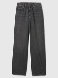 Jean noir droit en denim, doté de cinq poches, de rivets en cuivre et d'un ourlet propre sans motifs ni usure visibles.
