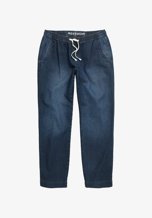 Donkerblauwe denim joggerbroek met elastische tailleband, wit trekkoord, zijzakken en "MENSWEAR" label op de tailleband.