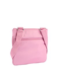 Borsa a spalla rosa in tessuto con tracolla regolabile, tasca frontale con zip, texture liscia e design minimalista. Misura circa 30x25 cm.
