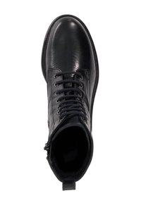 Black leather ankle boot with a smooth finish, round toe, and lace-up design. Features a side zipper and a sturdy rubber sole.