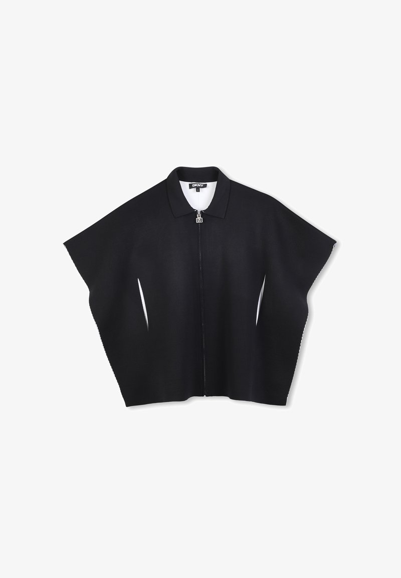 Haut en maille noir à manches courtes, col et fermeture éclair à l'avant, coupe ample avec larges ouvertures aux bras, étiquette de la marque DKNY à l'intérieur du col.