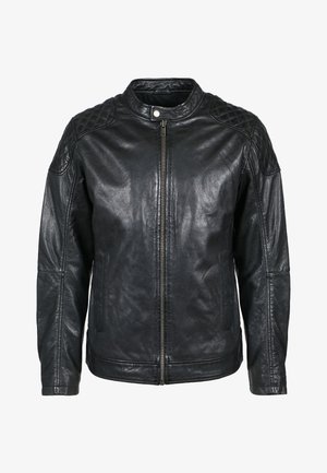 Zwarte leren jas met een ritsluiting, geribbelde schouderaccenten en twee zijzakken. Heeft een hoge kraag en een gladde textuur.