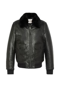 Giubbotto bomber in pelle nera con colletto in shearling, chiusura a zip e due tasche con bottone. I polsini a coste e il bordo in vita aggiungono texture.