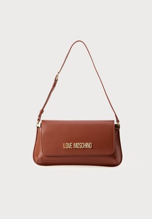 Brown leather handbag with a fold-over flap, gold lettering reading "LOVE MOSCHINO," and a detachable shoulder strap. Smooth texture.