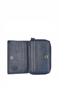 Portafoglio in pelle blu navy con chiusura a zip, dotato di slot per carte e bottone a pressione, logo RFID in rilievo all'interno. Texture liscia, design compatto.