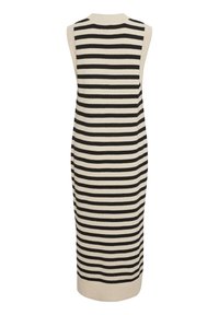 Ärmelloses Strickkleid mit abwechselnd schwarzen und cremfarbenen horizontalen Streifen, figurbetontem Schnitt und Rundhalsausschnitt. Glatte Textur, knielang.