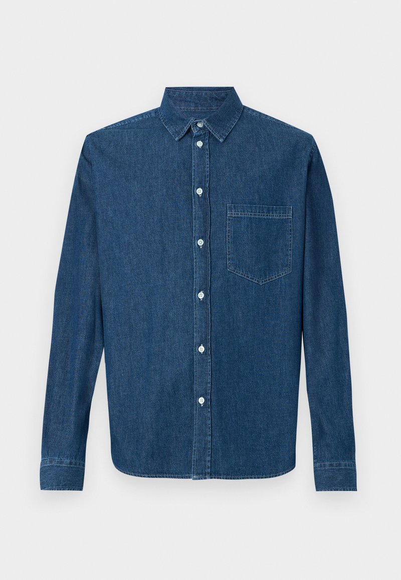 Dunkelblaue Jeanshemd mit langen Ärmeln, Knopfverschluss vorne, Kragen und einer einzelnen Brusttasche. Verfügt über eine glatte Textur und einen klassischen Schnitt.