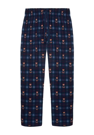 Pantaloni da pigiama a quadri in cotone di colore blu navy con accenti rossi e verdi, caratterizzati da un motivo ripetuto di orsi, vita elastica e cordoncino.