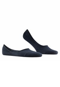 Dunkelblaue flache Socken mit einem niedrigen Schnittdesign, glatter Textur, elastischem Saum am Öffnungsrand sowie verstärkten Zehen- und Fersenbereichen.