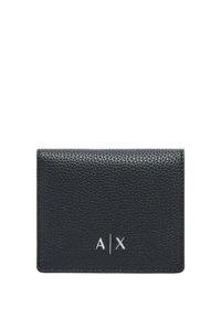 Portafoglio in pelle nera strutturata con forma rettangolare. Presenta un design minimalista e un logo in rilievo "A X" in argento sul frontale.