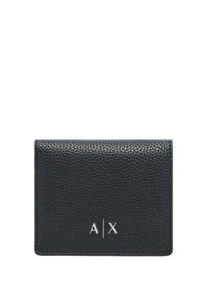 Portafoglio in pelle nera strutturata con forma rettangolare. Presenta un design minimalista e un logo in rilievo "A X" in argento sul frontale.