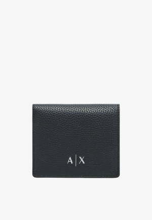 Portafoglio in pelle nera strutturata con forma rettangolare. Presenta un design minimalista e un logo in rilievo "A X" in argento sul frontale.