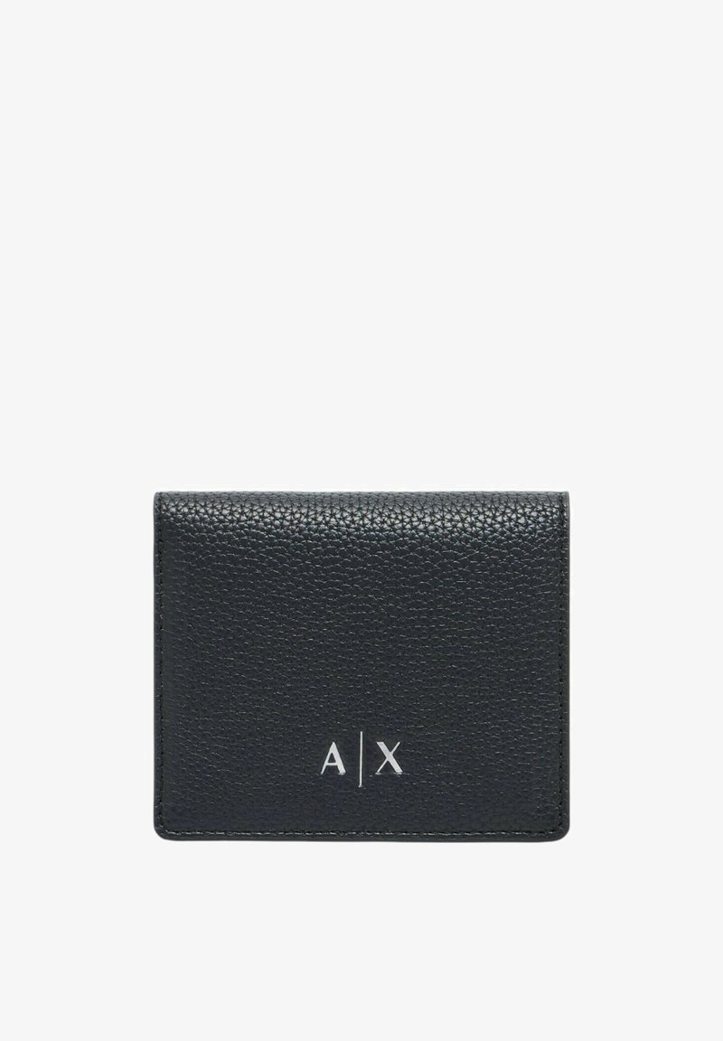 Portafoglio in pelle nera strutturata con forma rettangolare. Presenta un design minimalista e un logo in rilievo "A X" in argento sul frontale.