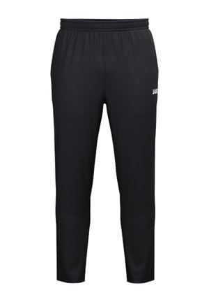 Pantalon de sport noir cintré avec taille élastique et petit logo blanc sur la partie supérieure de la cuisse gauche.