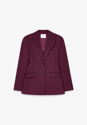 Bordový blazer s ostrými klopami, dvomi prednými vreckami, zapínaním na jeden gombík a hladkým vnútorným podšívkou. Prispôsobený dizajn so štruktúrovaným tvarom.