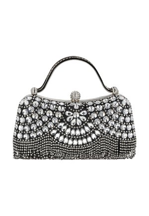 Fekete esti retikül ezüst strasszokkal díszítve, virág- és geometriai mintákban, kis fogantyúval és strassz csattal.