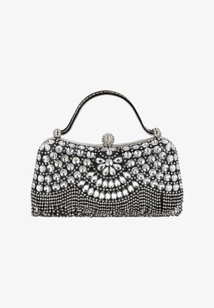 Zwarte avondclutch versierd met zilveren strass-steentjes in bloem- en geometrische patronen, voorzien van een klein handvat en een strass-sluiting.
