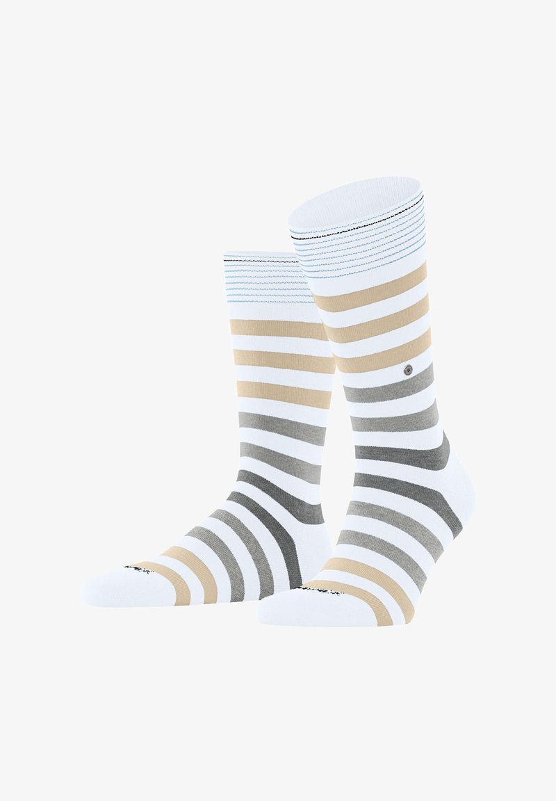 Gestreifte Socken mit abwechselnden Bändern in Weiß, Beige, Grau und Hellblau. Aus weichem Stoff gefertigt, mit einem gerippten Bund und Logo-Detail.