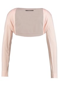 Bolero corto de color rosa claro con mangas largas, delantero abierto y tejido suave.