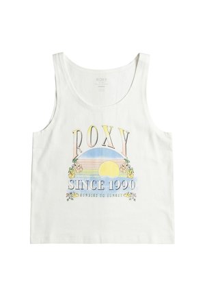 Crop top blanc sans manches avec texte coloré "ROXY", illustration de soleil jaune, fleurs et "Since 1990 Sunrise to Sunset" imprimés sur le devant.