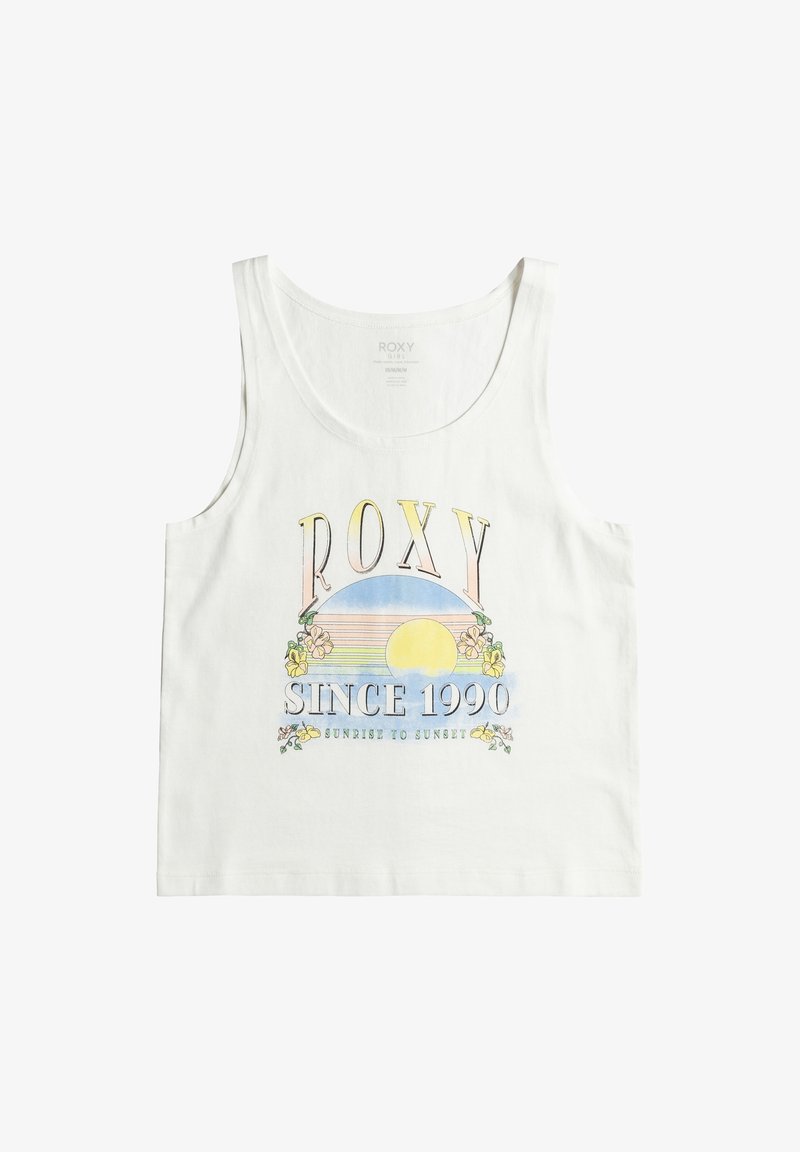 Crop top blanc sans manches avec texte coloré "ROXY", illustration de soleil jaune, fleurs et "Since 1990 Sunrise to Sunset" imprimés sur le devant.