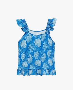 Top fără mâneci, cu flori albastre și bretele volan. Materialul prezintă un model texturat cu flori de un albastru deschis pe un fundal de un albastru mai închis.