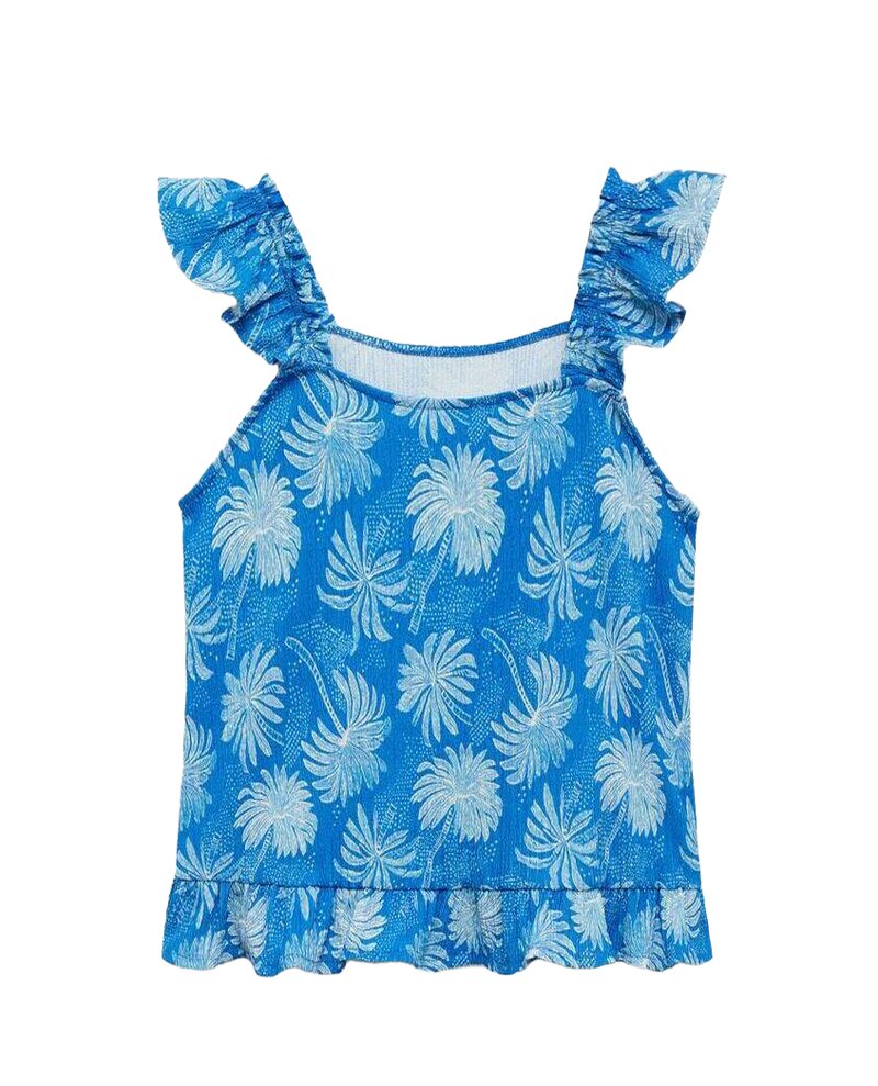 Blå blommig topp med volangband. Materialet har ett strukturerat mönster av ljusblå blommor på en mörkare blå bakgrund.