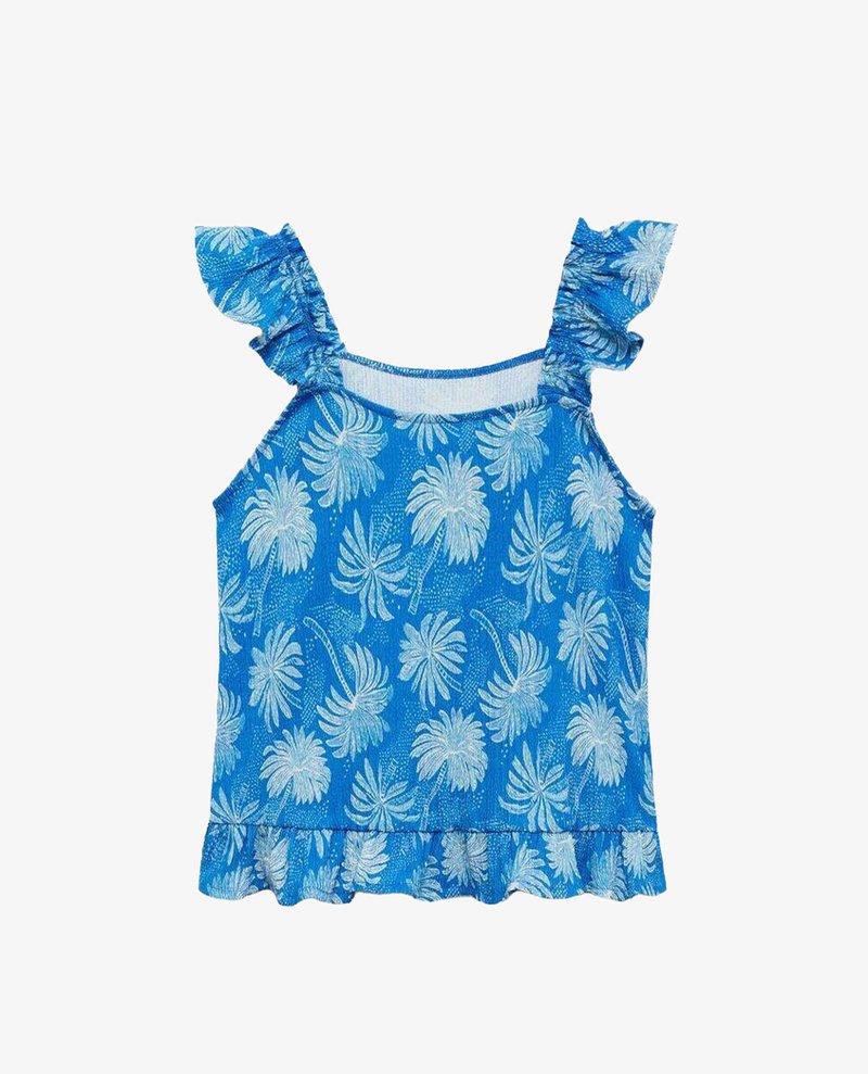 Blå blommig topp med volangband. Materialet har ett strukturerat mönster av ljusblå blommor på en mörkare blå bakgrund.